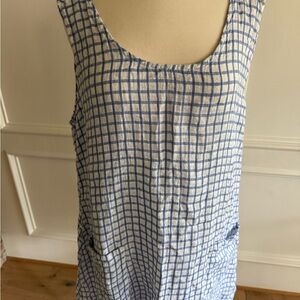 FLAX Blue and White Checkered Sleeveless Linen Dress with pockets
